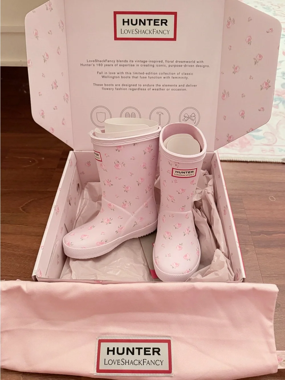 NEW LoveShackFancy Hunter Pink Floral Kids Rain Boots